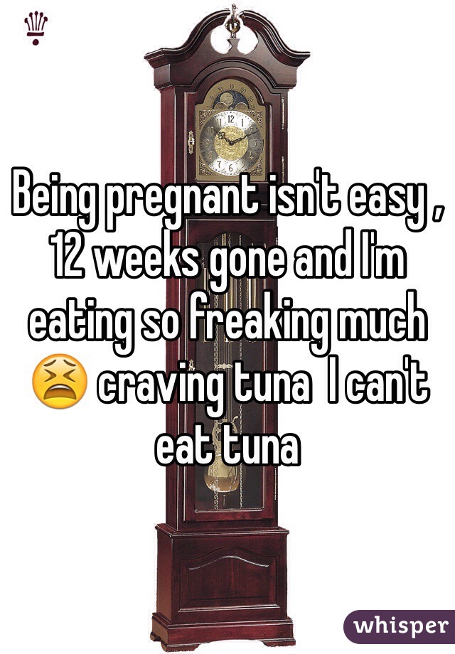 Being pregnant isn't easy , 12 weeks gone and I'm eating so freaking much ðŸ˜« craving tuna  I can't eat tuna 