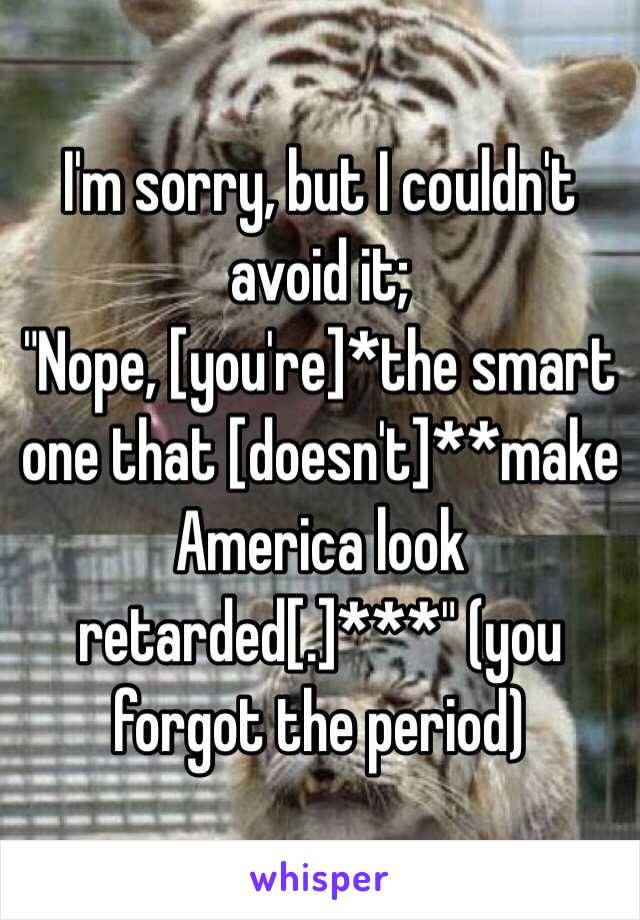 I'm sorry, but I couldn't avoid it; 
"Nope, [you're]*the smart one that [doesn't]**make America look retarded[.]***" (you forgot the period)