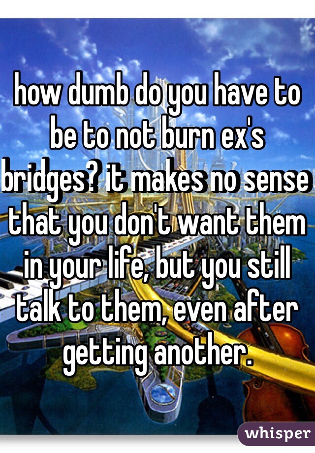 how dumb do you have to be to not burn ex's bridges? it makes no sense that you don't want them in your life, but you still talk to them, even after getting another. 