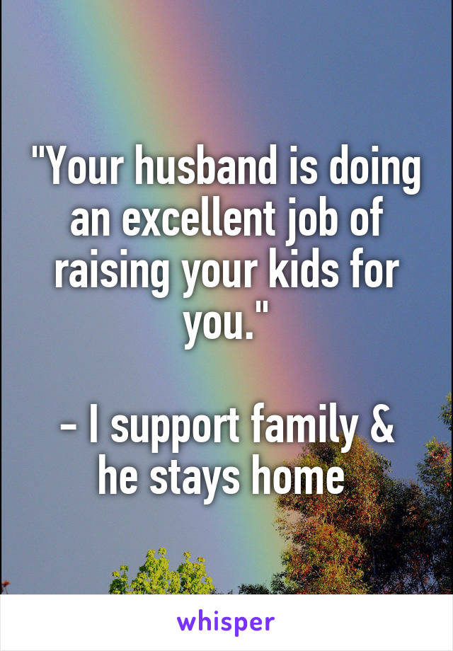 "Your husband is doing an excellent job of raising your kids for you."

- I support family & he stays home 