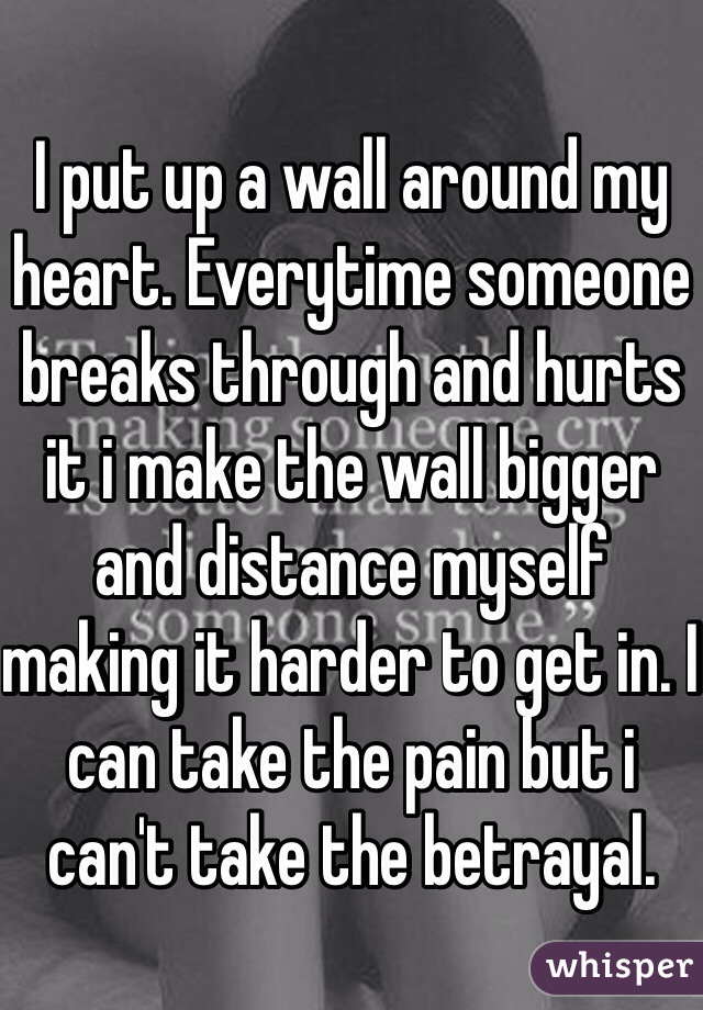 I put up a wall around my heart. Everytime someone breaks through and hurts it i make the wall bigger and distance myself making it harder to get in. I can take the pain but i can't take the betrayal.