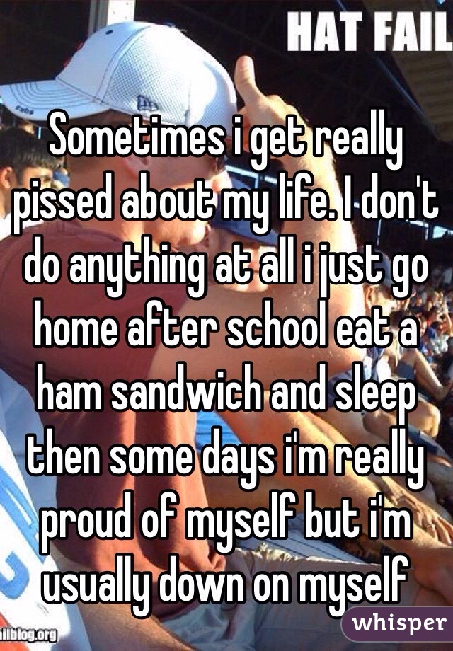 Sometimes i get really pissed about my life. I don't do anything at all i just go home after school eat a ham sandwich and sleep then some days i'm really proud of myself but i'm usually down on myself 
