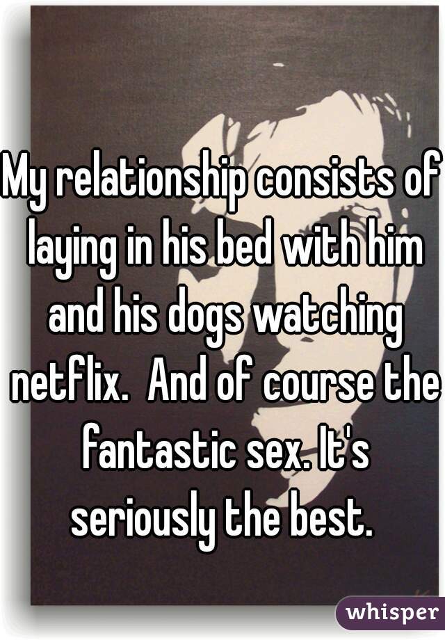 My relationship consists of laying in his bed with him and his dogs watching netflix.  And of course the fantastic sex. It's seriously the best. 