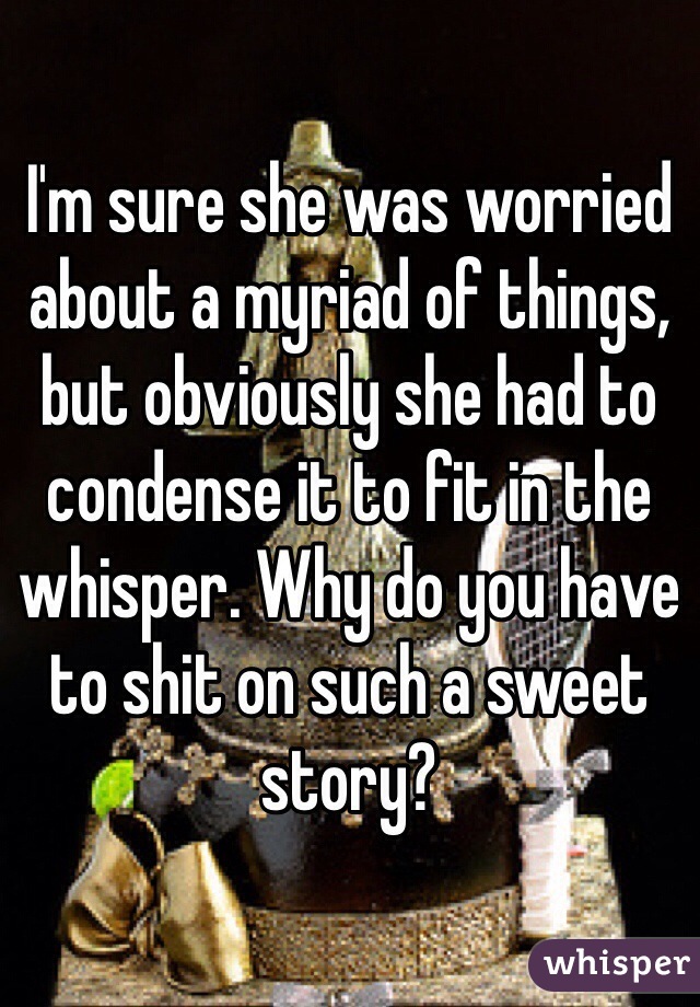 I'm sure she was worried about a myriad of things, but obviously she had to condense it to fit in the whisper. Why do you have to shit on such a sweet story?