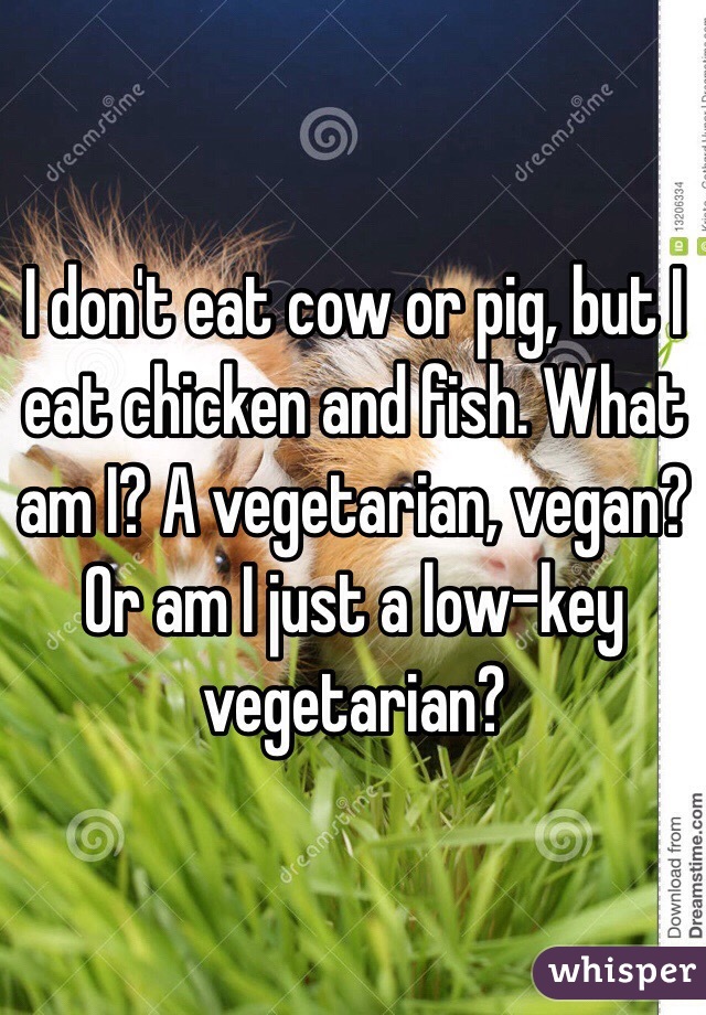 I don't eat cow or pig, but I eat chicken and fish. What am I? A vegetarian, vegan? Or am I just a low-key vegetarian? 
