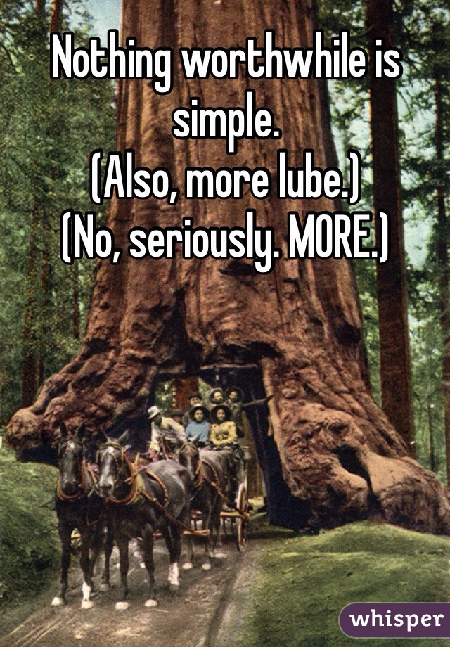 Nothing worthwhile is simple.
(Also, more lube.)
(No, seriously. MORE.)