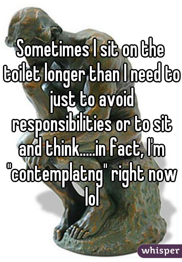 Sometimes I sit on the toilet longer than I need to just to avoid responsibilities or to sit and think.....in fact, I'm "contemplatng" right now lol