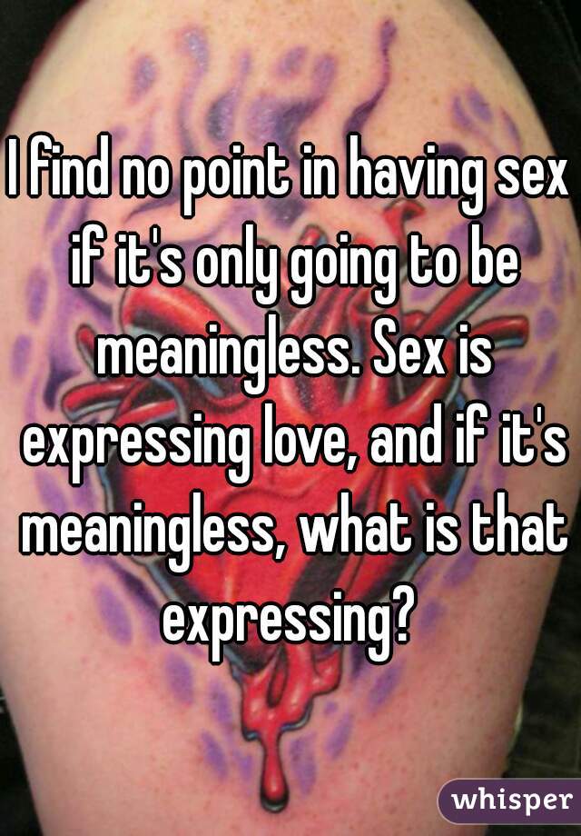 I find no point in having sex if it's only going to be meaningless. Sex is expressing love, and if it's meaningless, what is that expressing? 