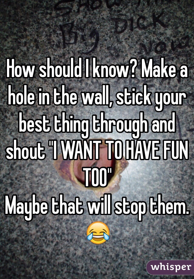 How should I know? Make a hole in the wall, stick your best thing through and shout "I WANT TO HAVE FUN TOO"
Maybe that will stop them.
😂