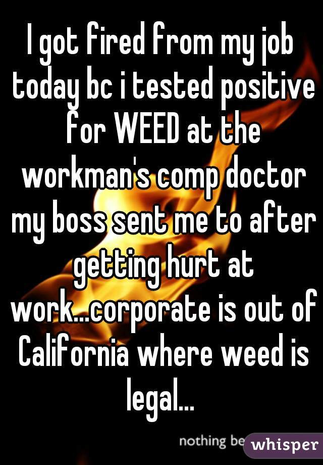 I got fired from my job today bc i tested positive for WEED at the workman's comp doctor my boss sent me to after getting hurt at work...corporate is out of California where weed is legal... 