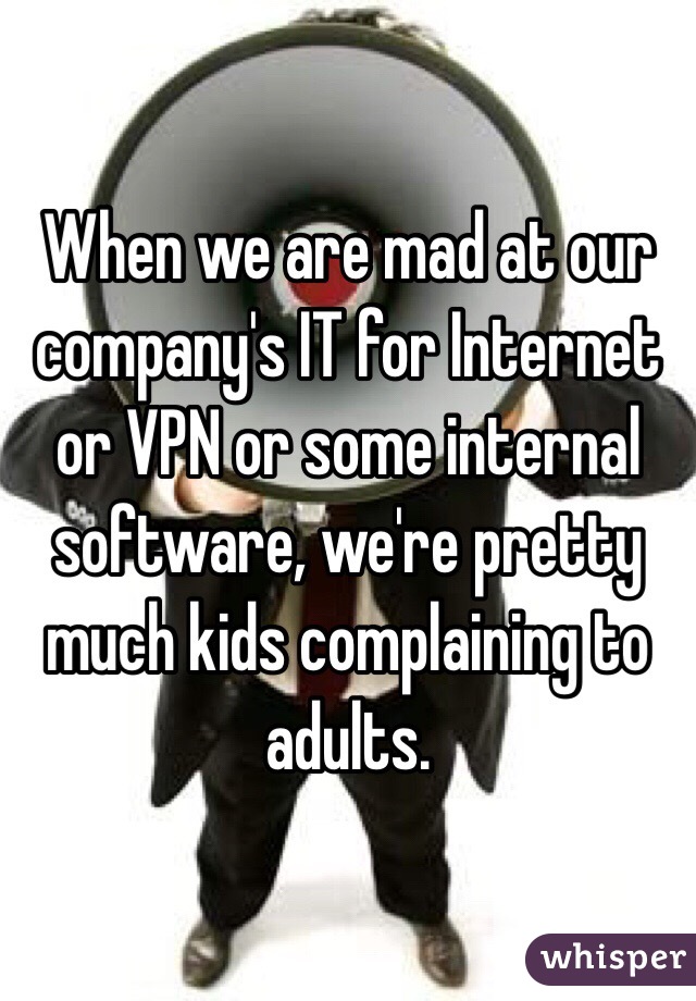 When we are mad at our company's IT for Internet or VPN or some internal software, we're pretty much kids complaining to adults.