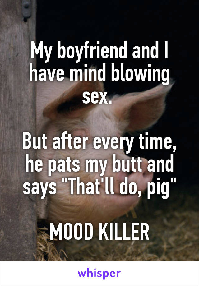 My boyfriend and I have mind blowing sex. 

But after every time, he pats my butt and says "That'll do, pig"

MOOD KILLER