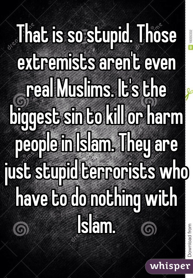 That is so stupid. Those extremists aren't even real Muslims. It's the biggest sin to kill or harm people in Islam. They are just stupid terrorists who have to do nothing with Islam. 