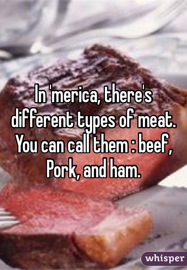 In 'merica, there's different types of meat. You can call them : beef, Pork, and ham. 