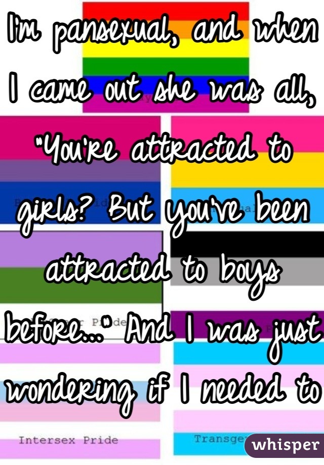 I'm pansexual, and when I came out she was all, "You're attracted to girls? But you've been attracted to boys before..." And I was just wondering if I needed to define it again. 