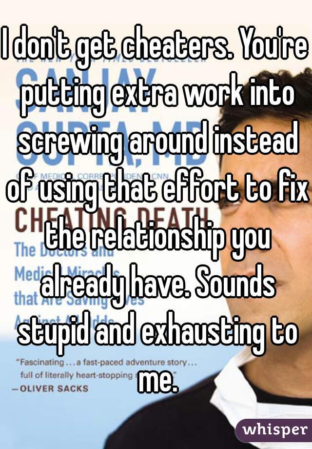 I don't get cheaters. You're putting extra work into screwing around instead of using that effort to fix the relationship you already have. Sounds stupid and exhausting to me.