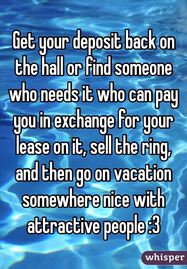 Get your deposit back on the hall or find someone who needs it who can pay you in exchange for your lease on it, sell the ring, and then go on vacation somewhere nice with attractive people :3
