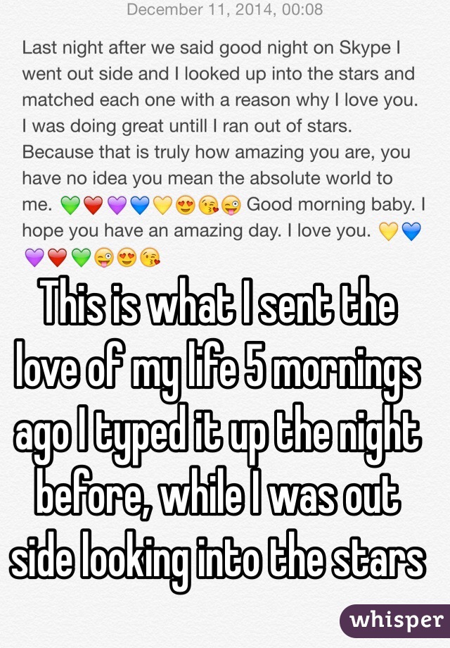 This is what I sent the love of my life 5 mornings ago I typed it up the night before, while I was out side looking into the stars