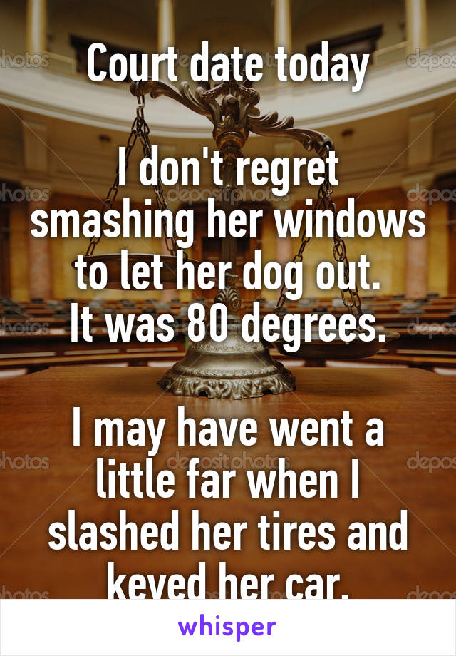 Court date today

I don't regret smashing her windows to let her dog out.
It was 80 degrees.

I may have went a little far when I slashed her tires and keyed her car.