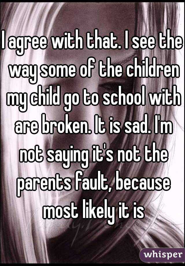 I agree with that. I see the way some of the children my child go to school with are broken. It is sad. I'm not saying it's not the parents fault, because most likely it is