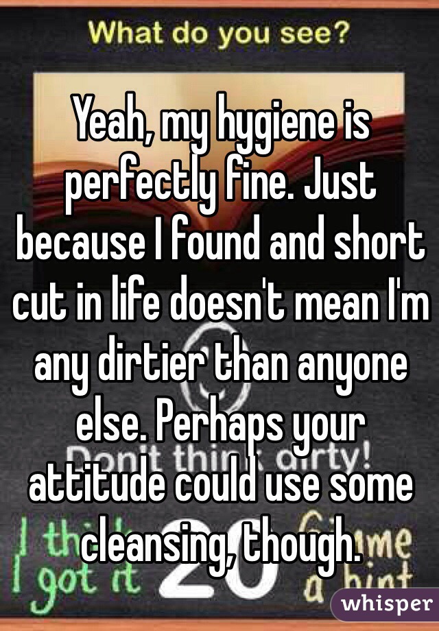 Yeah, my hygiene is perfectly fine. Just because I found and short cut in life doesn't mean I'm any dirtier than anyone else. Perhaps your attitude could use some cleansing, though.