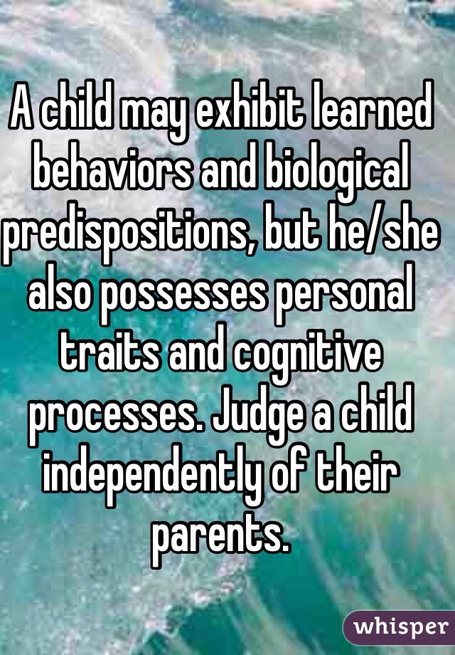 A child may exhibit learned behaviors and biological predispositions, but he/she also possesses personal traits and cognitive processes. Judge a child independently of their parents.