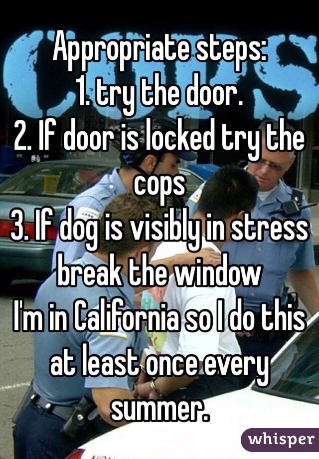 Appropriate steps: 
1. try the door. 
2. If door is locked try the cops 
3. If dog is visibly in stress break the window
I'm in California so I do this at least once every summer.