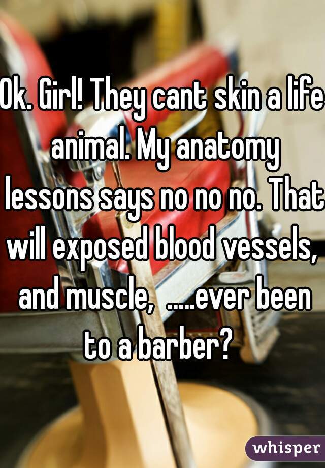 Ok. Girl! They cant skin a life animal. My anatomy lessons says no no no. That will exposed blood vessels,  and muscle,  .....ever been to a barber?  