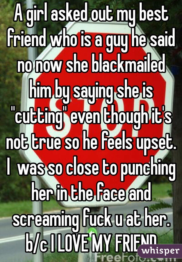 A girl asked out my best friend who is a guy he said no now she blackmailed him by saying she is "cutting" even though it's not true so he feels upset. I  was so close to punching her in the face and screaming fuck u at her. b/c I LOVE MY FRIEND