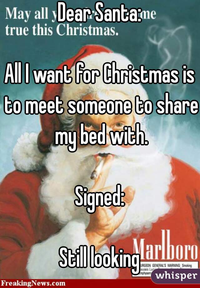Dear Santa:

All I want for Christmas is to meet someone to share my bed with.

Signed:

Still looking
