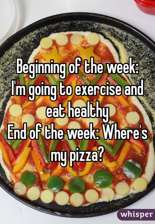 Beginning of the week: 
I'm going to exercise and eat healthy
End of the week: Where's my pizza?