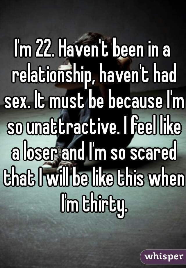 I'm 22. Haven't been in a relationship, haven't had sex. It must be because I'm so unattractive. I feel like a loser and I'm so scared that I will be like this when I'm thirty.