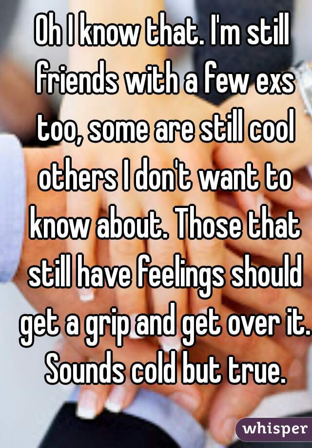 Oh I know that. I'm still friends with a few exs too, some are still cool others I don't want to know about. Those that still have feelings should get a grip and get over it. Sounds cold but true.