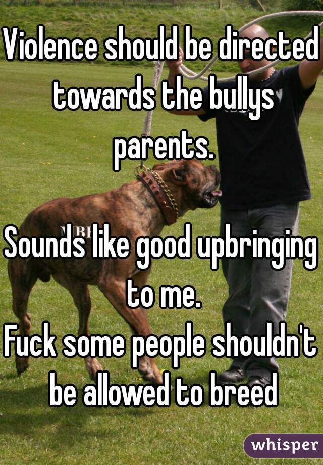 Violence should be directed towards the bullys parents.

Sounds like good upbringing to me.
Fuck some people shouldn't be allowed to breed
