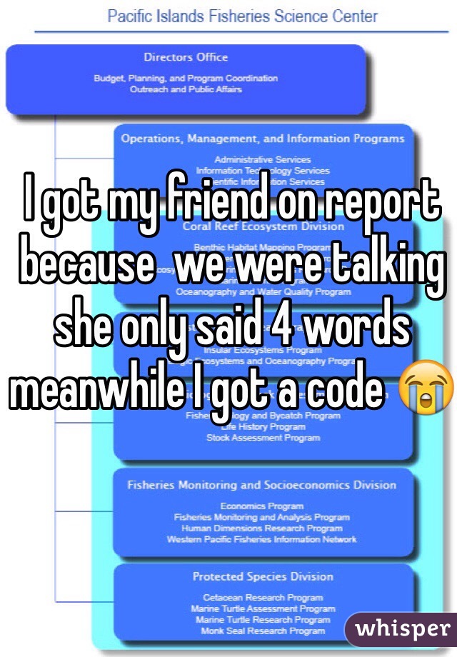 I got my friend on report because  we were talking she only said 4 words meanwhile I got a code 😭