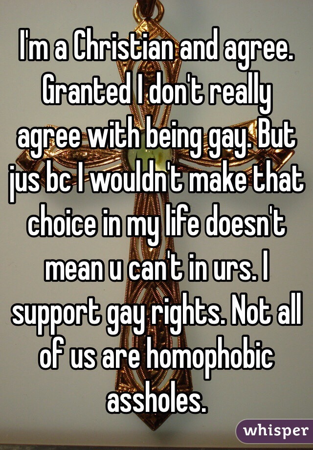I'm a Christian and agree. Granted I don't really agree with being gay. But jus bc I wouldn't make that choice in my life doesn't mean u can't in urs. I support gay rights. Not all of us are homophobic assholes. 