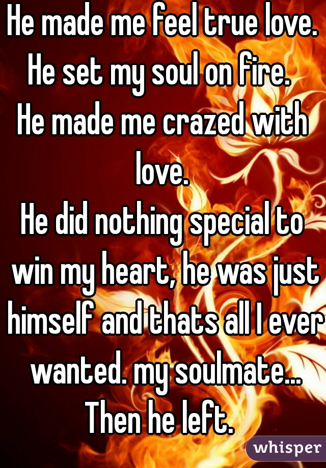 He made me feel true love.
He set my soul on fire. 
He made me crazed with love. 
He did nothing special to win my heart, he was just himself and thats all I ever wanted. my soulmate...
Then he left. 