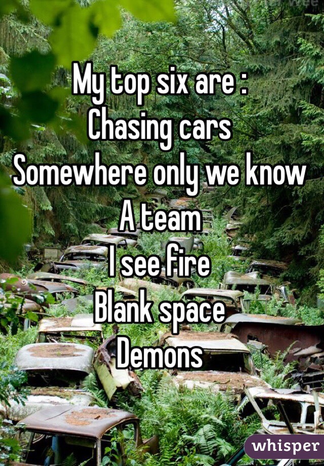 My top six are :
Chasing cars
Somewhere only we know 
A team
I see fire
Blank space
Demons 