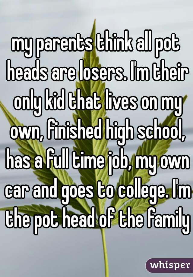 my parents think all pot heads are losers. I'm their only kid that lives on my own, finished high school, has a full time job, my own car and goes to college. I'm the pot head of the family