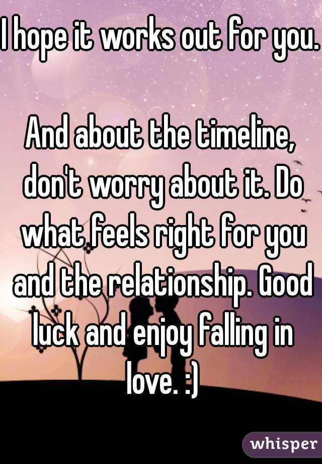 I hope it works out for you. 
And about the timeline, don't worry about it. Do what feels right for you and the relationship. Good luck and enjoy falling in love. :)