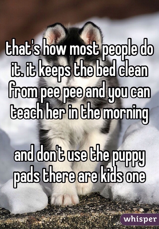 that's how most people do it. it keeps the bed clean from pee pee and you can teach her in the morning 

and don't use the puppy pads there are kids one 