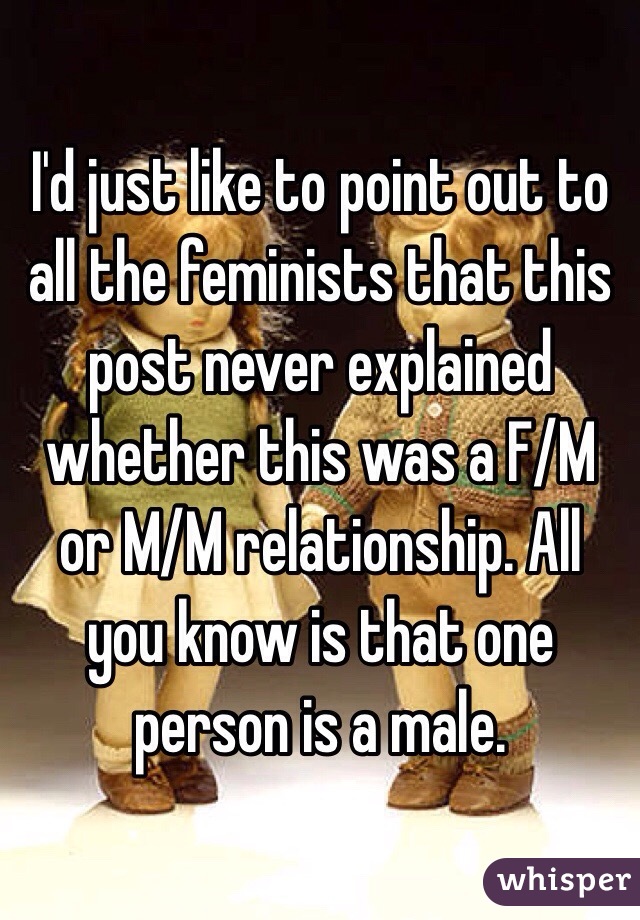 I'd just like to point out to all the feminists that this post never explained whether this was a F/M or M/M relationship. All you know is that one person is a male. 