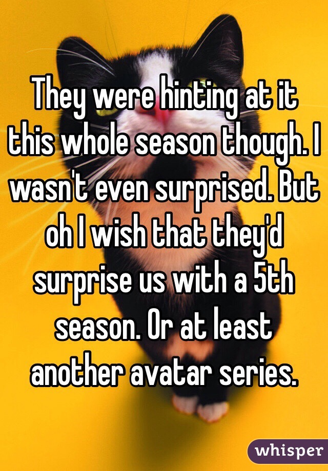 They were hinting at it this whole season though. I wasn't even surprised. But oh I wish that they'd surprise us with a 5th season. Or at least another avatar series. 