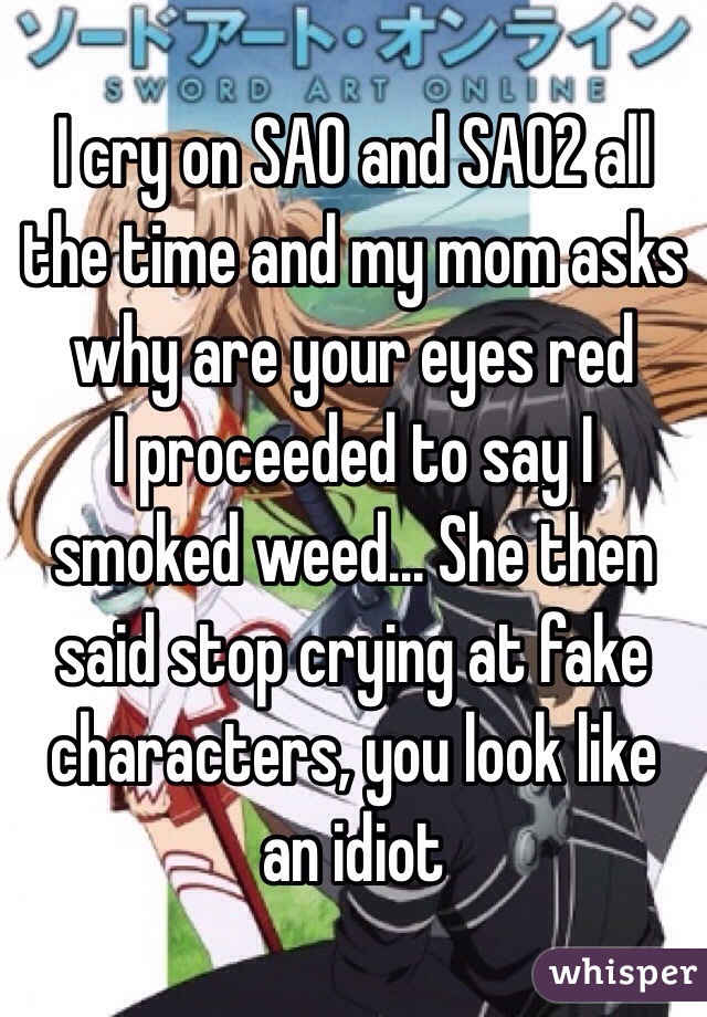 I cry on SAO and SAO2 all the time and my mom asks why are your eyes red
I proceeded to say I smoked weed... She then said stop crying at fake characters, you look like an idiot