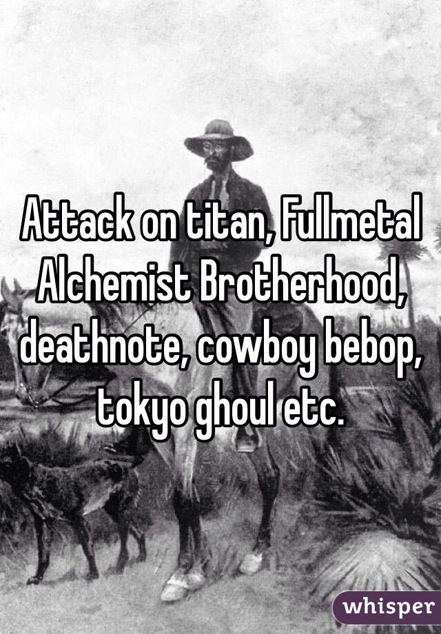 Attack on titan, Fullmetal Alchemist Brotherhood, deathnote, cowboy bebop, tokyo ghoul etc.