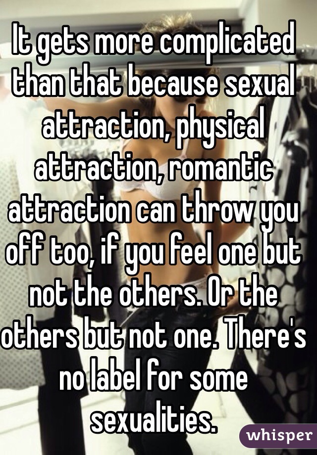 It gets more complicated than that because sexual attraction, physical attraction, romantic attraction can throw you off too, if you feel one but not the others. Or the others but not one. There's no label for some sexualities. 