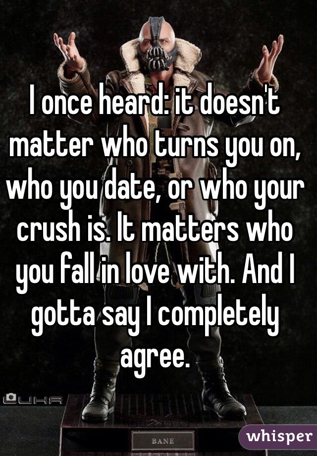 I once heard: it doesn't matter who turns you on, who you date, or who your crush is. It matters who you fall in love with. And I gotta say I completely agree.