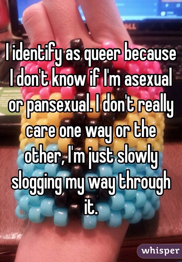 I identify as queer because I don't know if I'm asexual or pansexual. I don't really care one way or the other, I'm just slowly slogging my way through it.