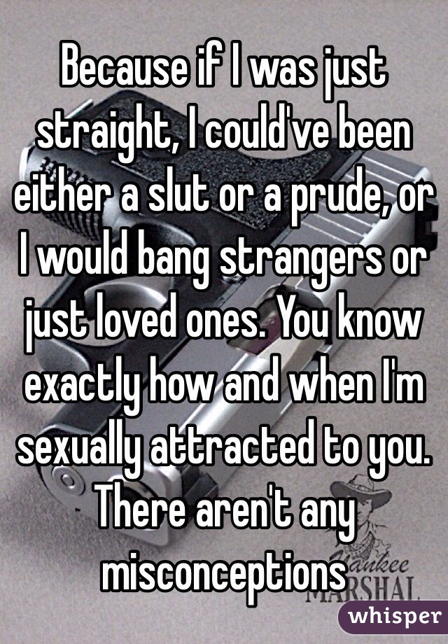 Because if I was just straight, I could've been either a slut or a prude, or I would bang strangers or just loved ones. You know exactly how and when I'm sexually attracted to you. There aren't any misconceptions 