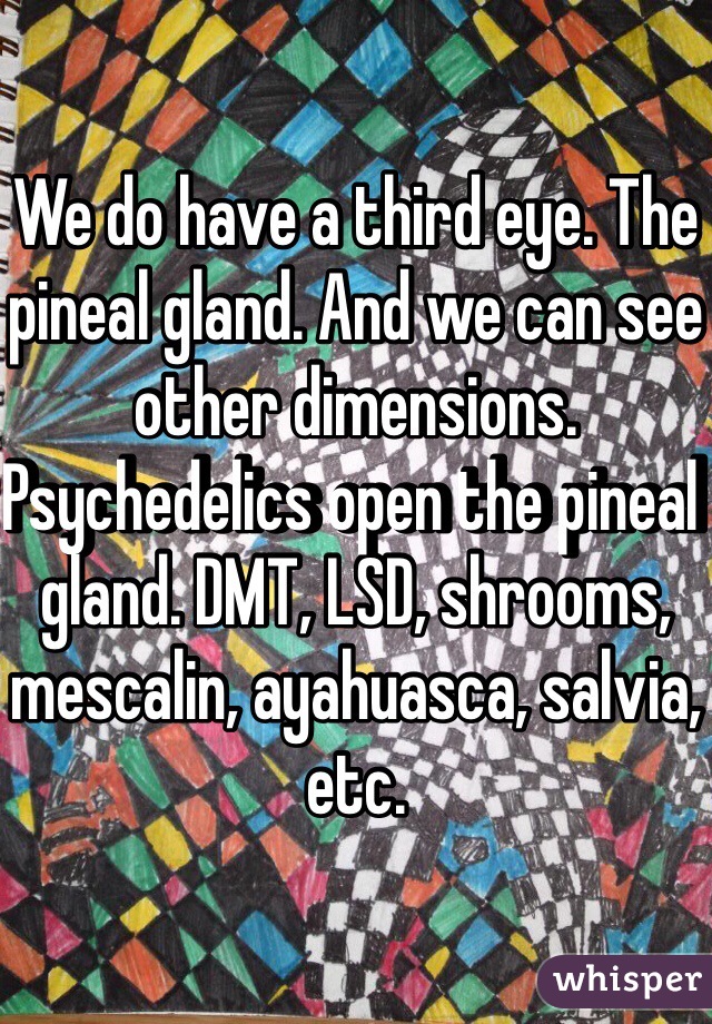 We do have a third eye. The pineal gland. And we can see other dimensions. Psychedelics open the pineal gland. DMT, LSD, shrooms, mescalin, ayahuasca, salvia, etc.